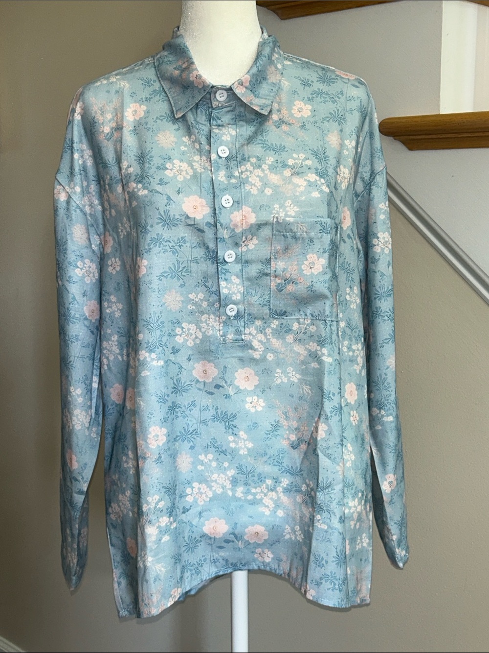 Light Blue Floral Button-Down Shirt. NWOT. Size S